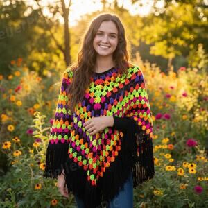 Handmade Crochet Poncho Boho Fringe Cottagecore Granny Square